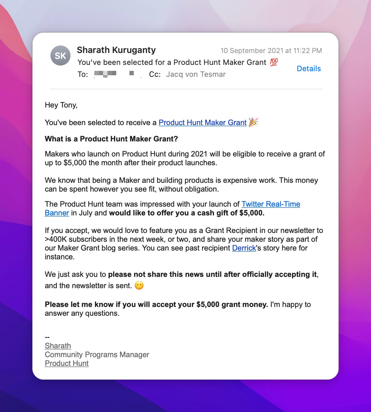 First email from Product Hunt