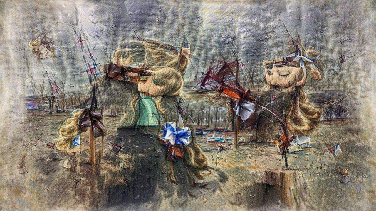 A windswept landscape with tresses of blond hair everywhere, along with what might be ruffled bows.
