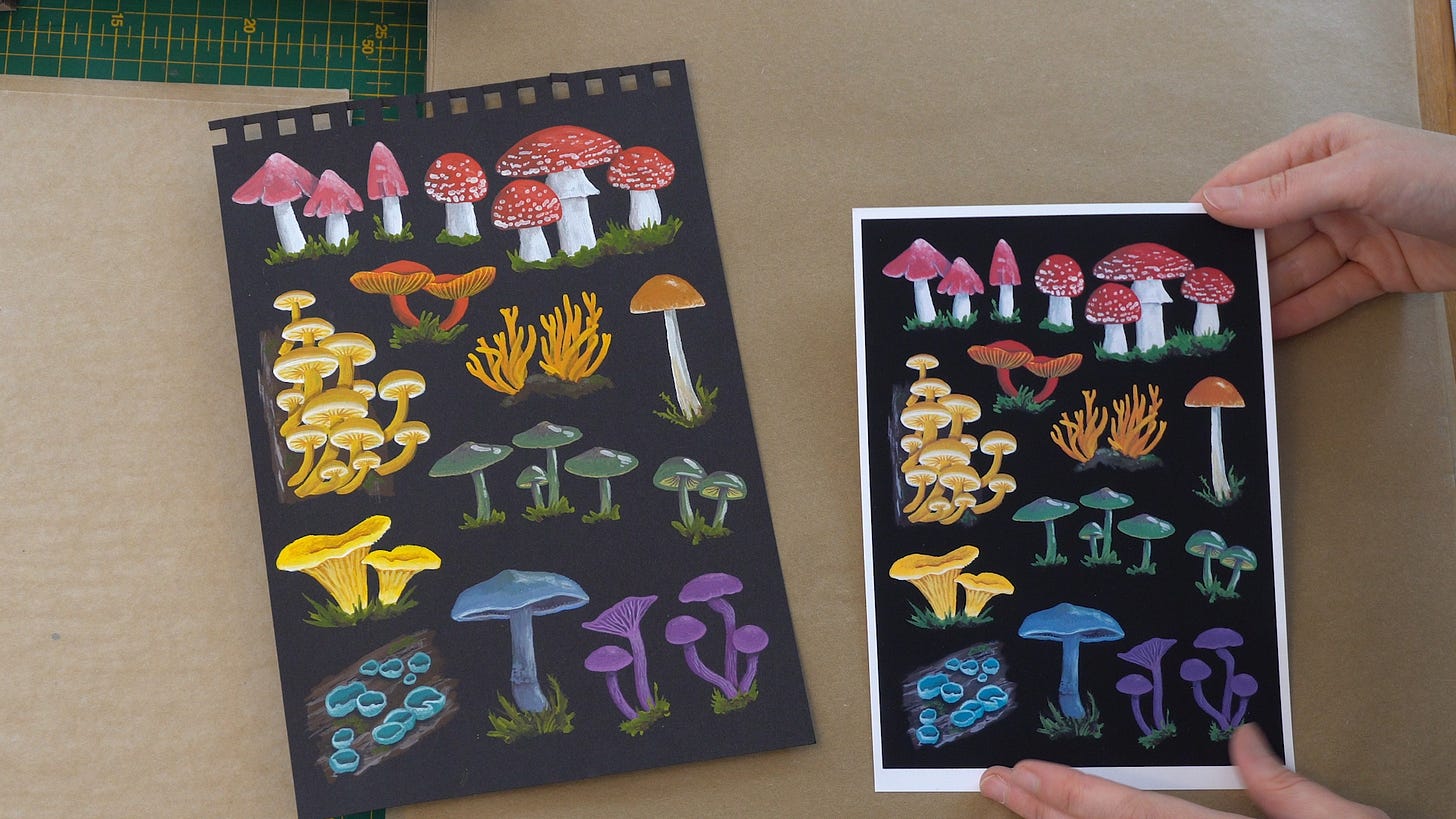 Image description: A photo from above of Katie's original artwork for A Pride of Mushrooms, next to a limited edition art print. On the left, the original is slightly larger, and the perforated top of the page shows where it has been torn from a sketchbook. On the right, the print is slightly smaller and has a white border. Both images show an array of delightful musrooms arranged in rainbow order from red and pink at the top to blue and purple at the bottom.