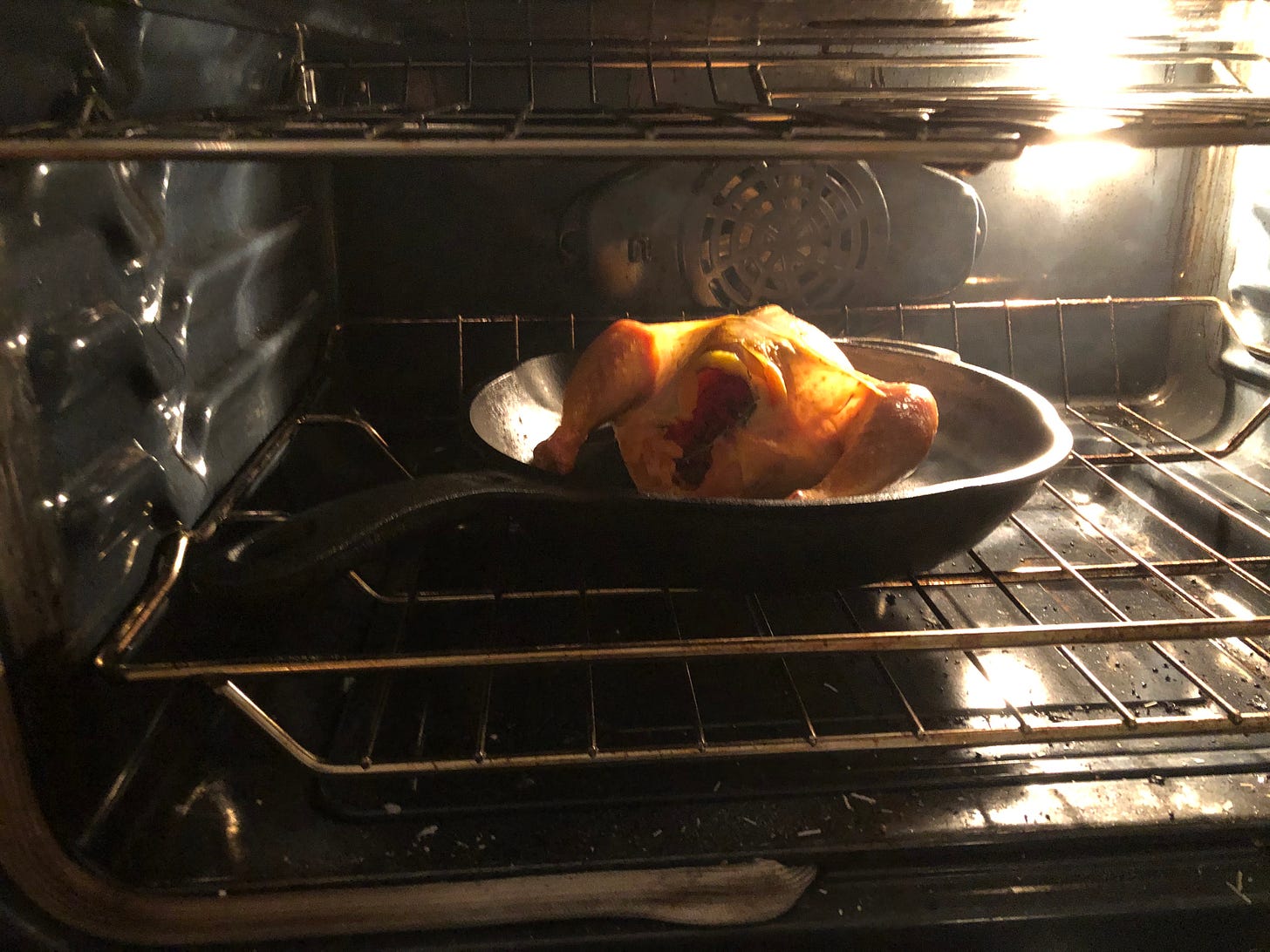 Chicken in pan in oven