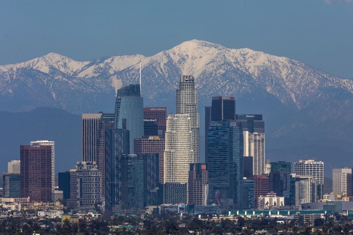 A rare sight emerged for L.A. residents in April 2020: the snow-capped peaks of the San Gabriel mountains, clearly visible in the smog-free atmosphere.  