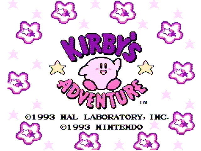 A screenshot of the title screen for Kirby's Adventure, which features Kirby (now pink!) in the center, surrounded by the logo and a ring of stars