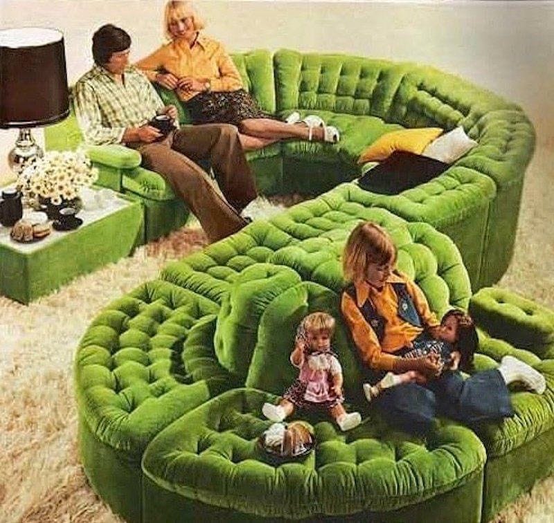 Weird Vintage on Instagram: “Early 70s green sectional living room couch.  That is one groovy … | Green living room decor, Living room decor green  couch, Green couch