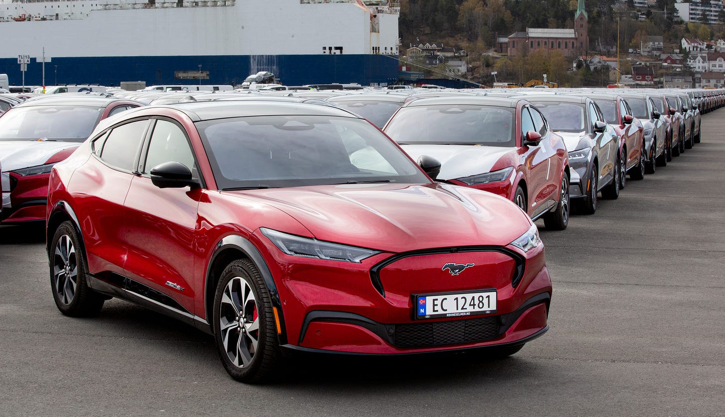 The first shipment of the 2021 Ford Mustang Mach-E arrives at Drammen Harbor, Norway on April 28, 2021. Customer deliveries began on May 4.