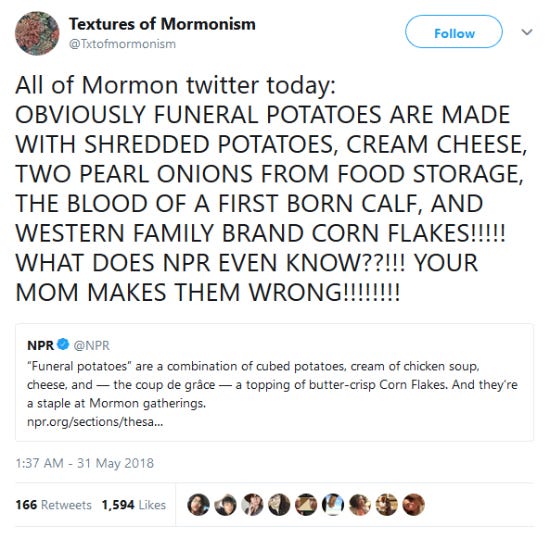 Funny tweet about funeral potatos