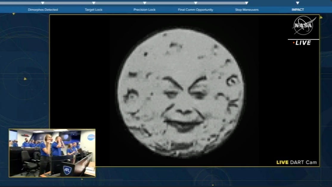Mockup of the NASA live feed view of the DART approaching Dimorphos, but it’s Georges Méliès Man in the Moon, of course. 