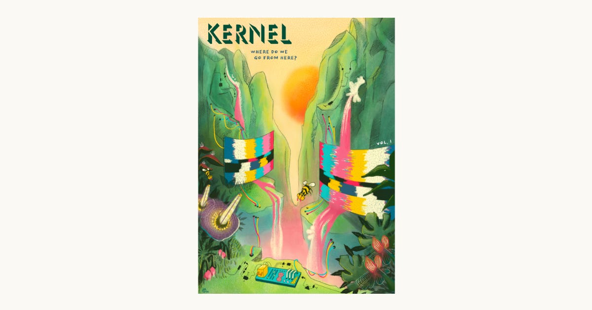 The cover of the first issue of Kernel Magazine, with the text "Where do we go from here?" on a colorful illustration of trippy digital waterfalls