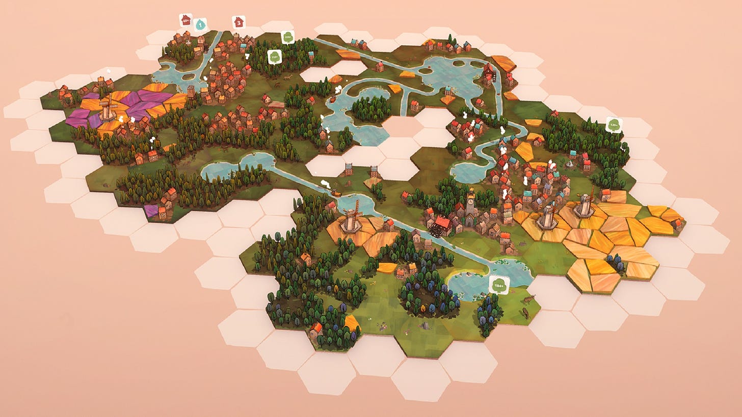 Captura de tela do jogo Dorfromantik. Sobre um fundo de cor pêssego, várias peças hexagonais formam uma paisagem bucólica com árvores, plantações, rios e lagos.