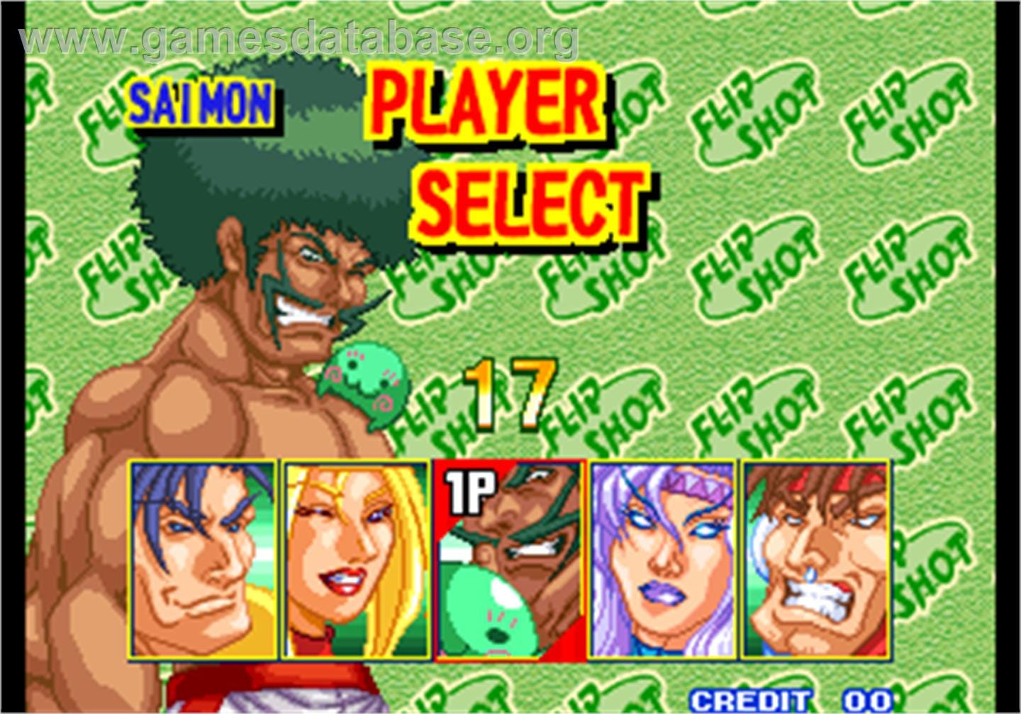 A screenshot of the player select screen from Battle Flip Shot, featuring all five characters in portraits, with larger character art in the background for whichever one the cursor is currently on.