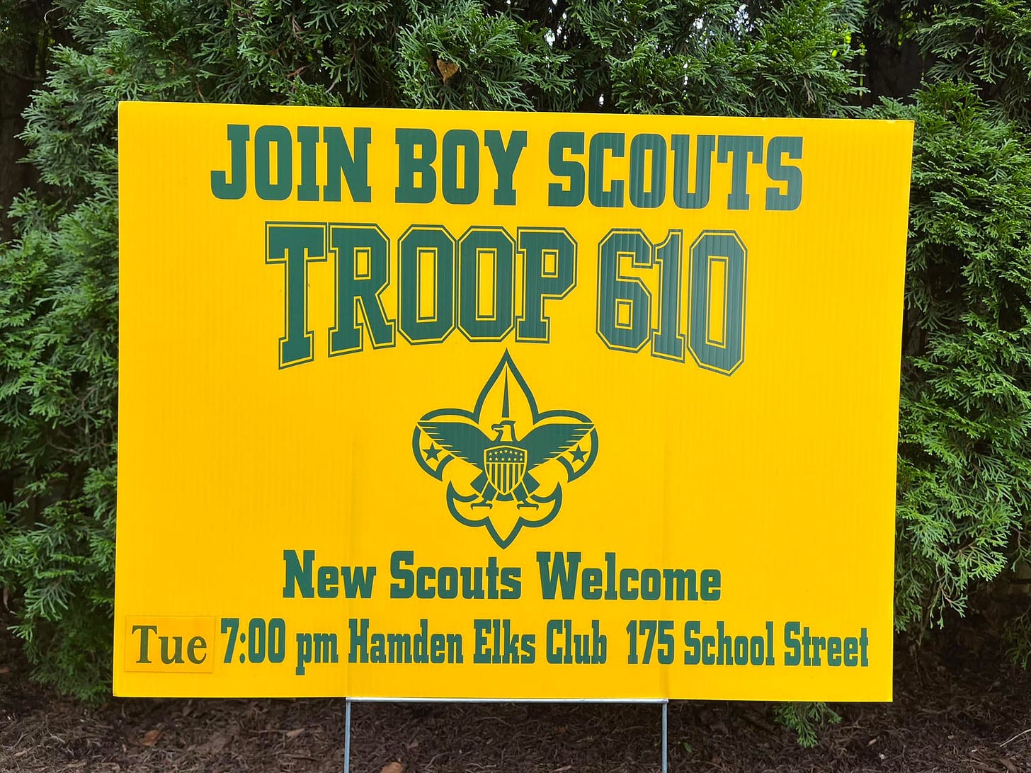 May be an image of outdoors and text that says 'JOIN BOY SCOUTS TROOP 610 New Scouts Welcome Tue 7:00 pm Hamden Elks Club 175 School Street'