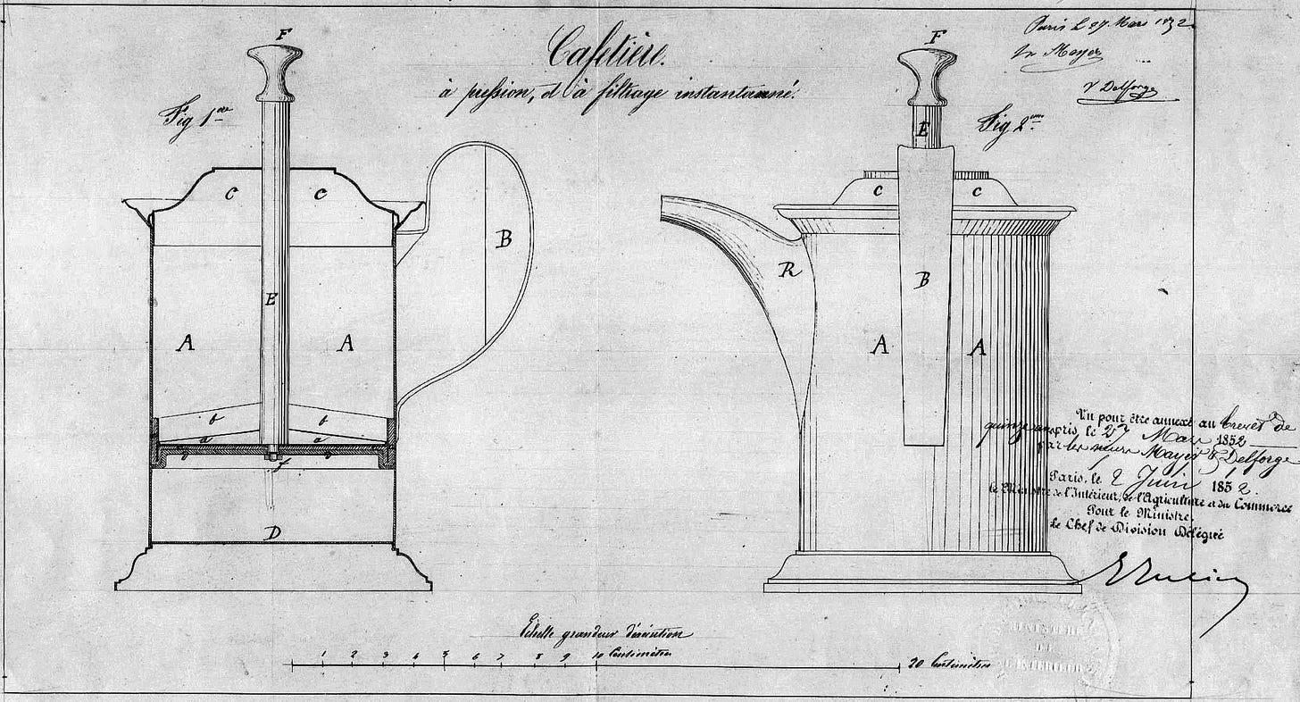 A blueprint of the original French press or coffee press brewing machine.