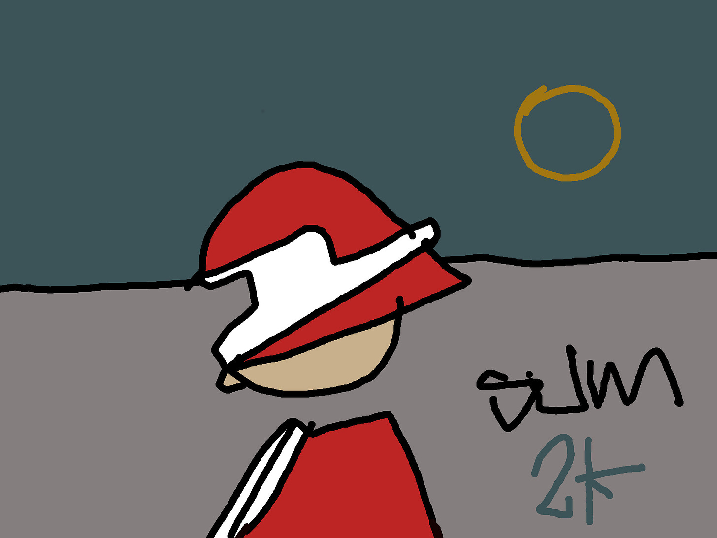 Digital drawing. Two rectangles divided by a wiggly black line, muted grey-green on top, light grey at the bottom, where handwriting reads "sum 2k". At the front, a stylized person without a neck and a floating head wears a cap and a jacket of red and white.