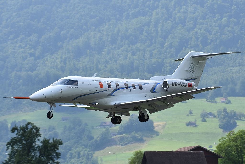 A test Pilatus PC-24 coming in to land after a test flight
