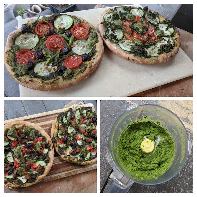 pizzas, pizzas and pesto in a food processor