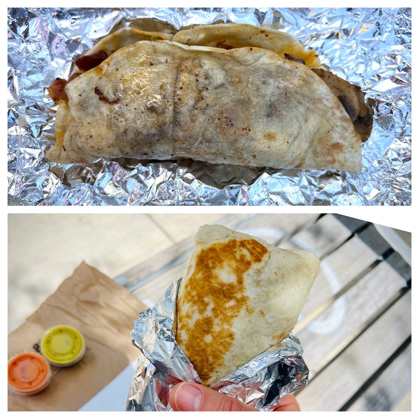 Two photos in one are shown. On the top a greasy but delicious taco and at the bottom a massive and equally delicious burrito.