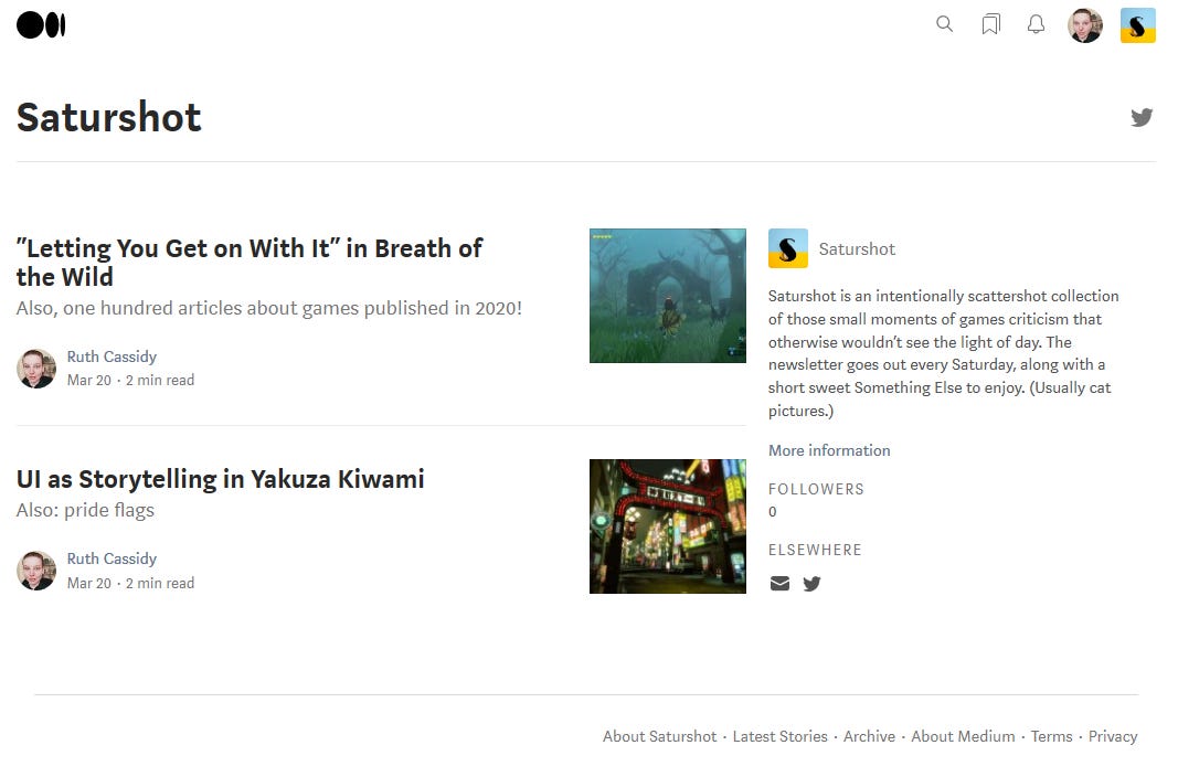 Screenshot of a Medium publication, 'Saturshot', that has two posts on it.