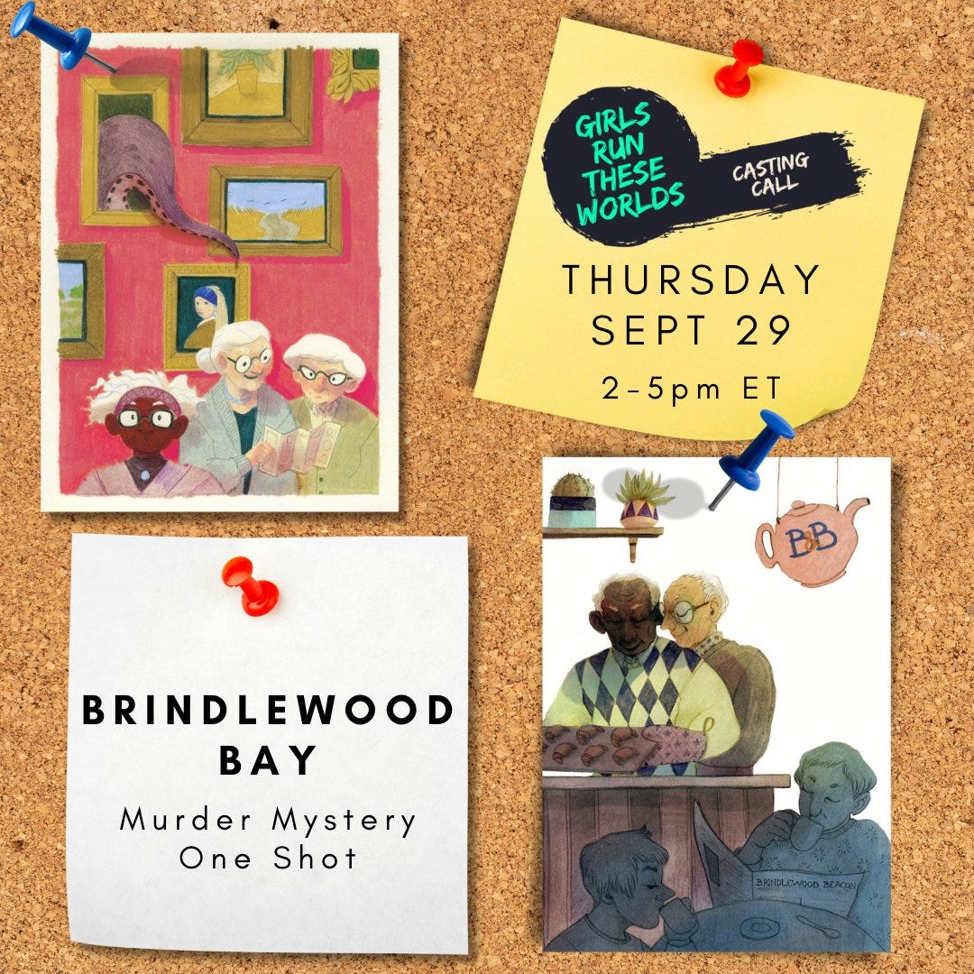 Flyer for Brindlewood Bay on Girls Run These Worlds' twitch channel, Thursday 29th September at 2-5pm ET