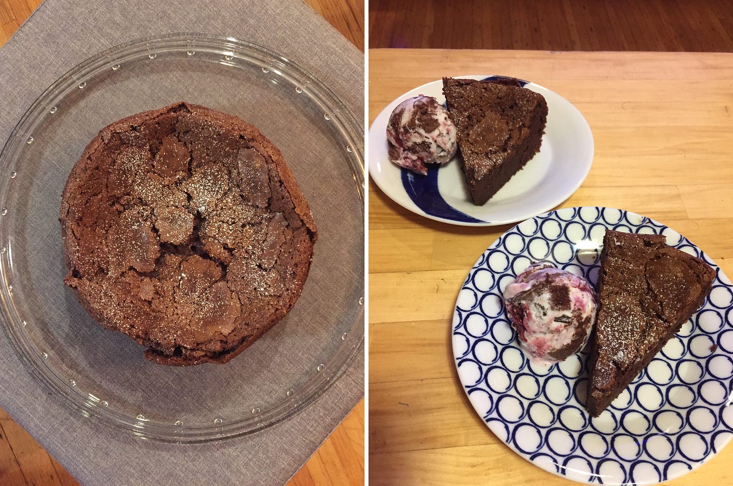 Left image: on a glass cake plate, a round chocolate cake with a crackled top, dusted with powdered sugar. Right image: two small blue and white plates with slices of the cake and scoops of icing with visible pieces of cherry and chocolate.