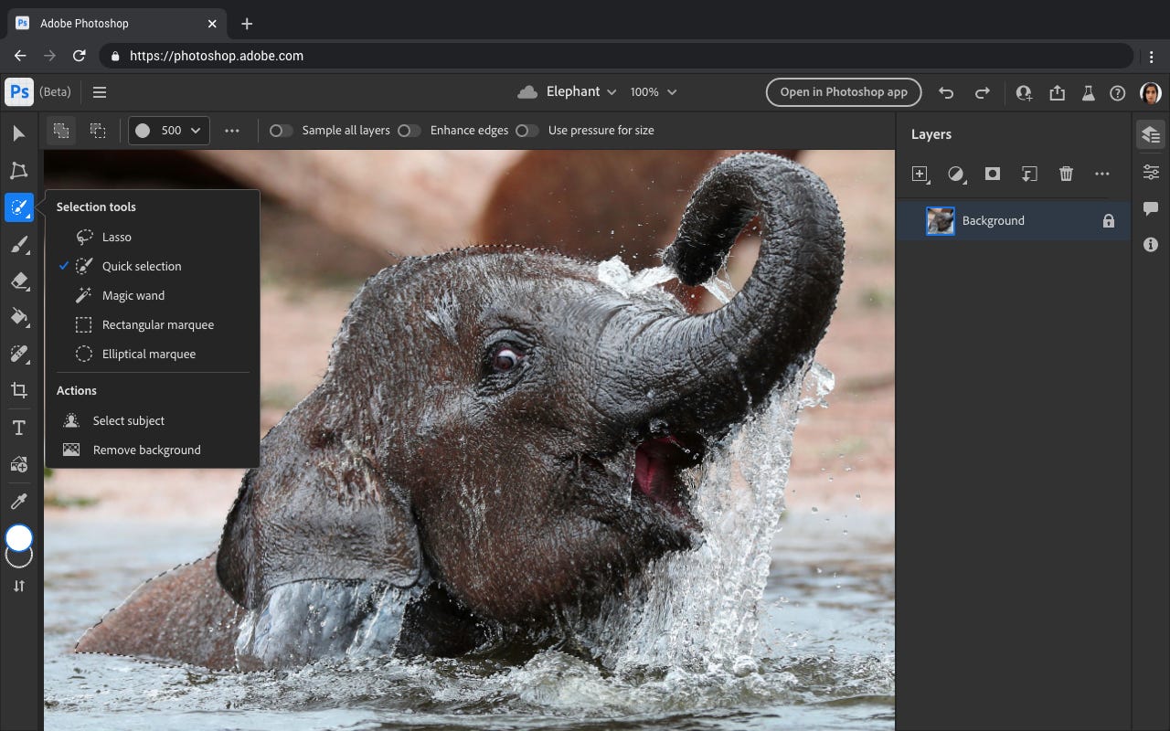The Photoshop web app running in a browser with an image showing an elephant on the canvas and the 'selection tools' menu item open.