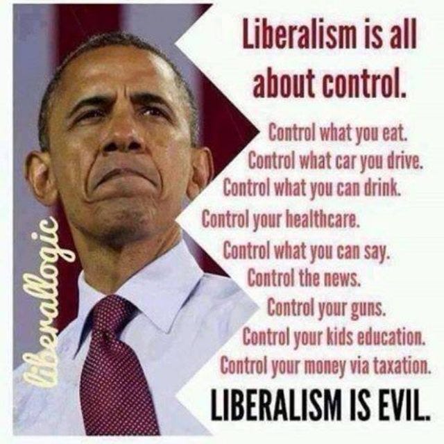 May be an image of 1 person and text that says "Liberalism is all about control. Control what you eat. Control what car you drive. Control what you can drink. Control your healthcare. Control what you can say. Control the news. Control your guns. Control your kids education. Control your money via taxation. LIBERALISM IS EVIL. Merulol"
