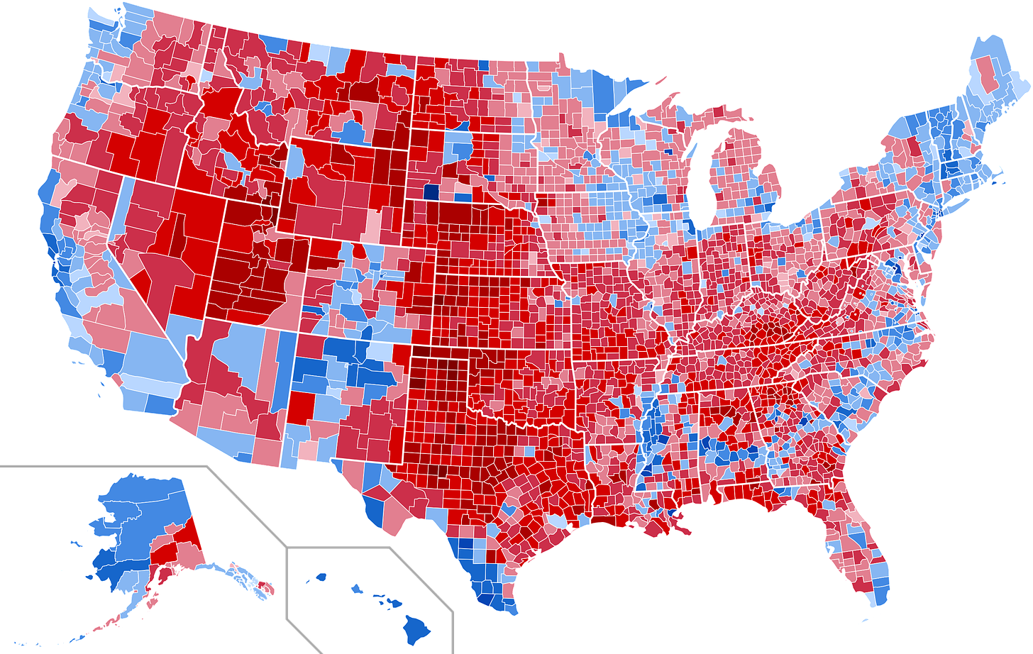 Results by county, shaded according to winning candidate's percentage of the vote.