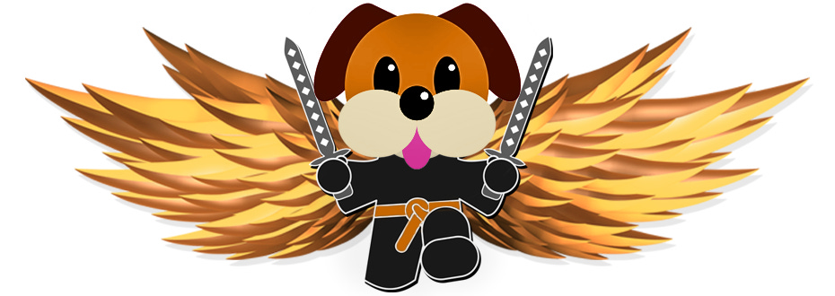 A cartoon dog holding two swords with plumes of fire in the background stands ready to fight.