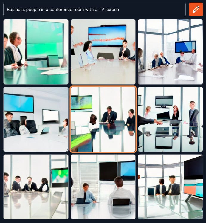 Screenshot of an output from the Craiyon text-to-art generator showing 9 images of business people in a conference room with a TV screen.
