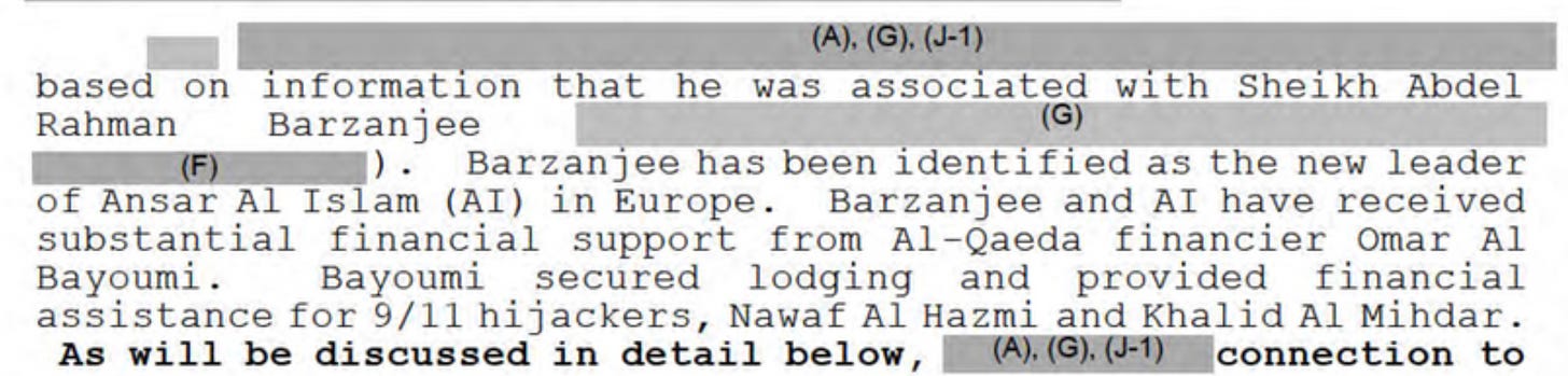 A screen shot of a portion of an FBI document that talks about Bayoumi's financial aid to Barzanjee and Ansar al-Islam