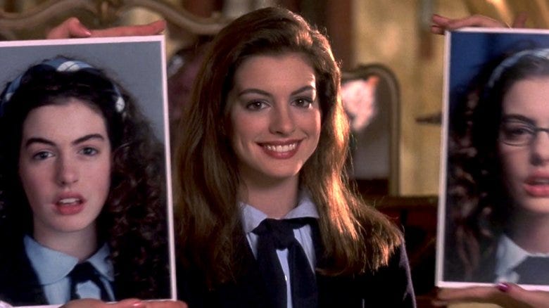 Two photos of a woman "before" a makeover frame her face "after" her makeover. From The Princess Diaries, 2001.