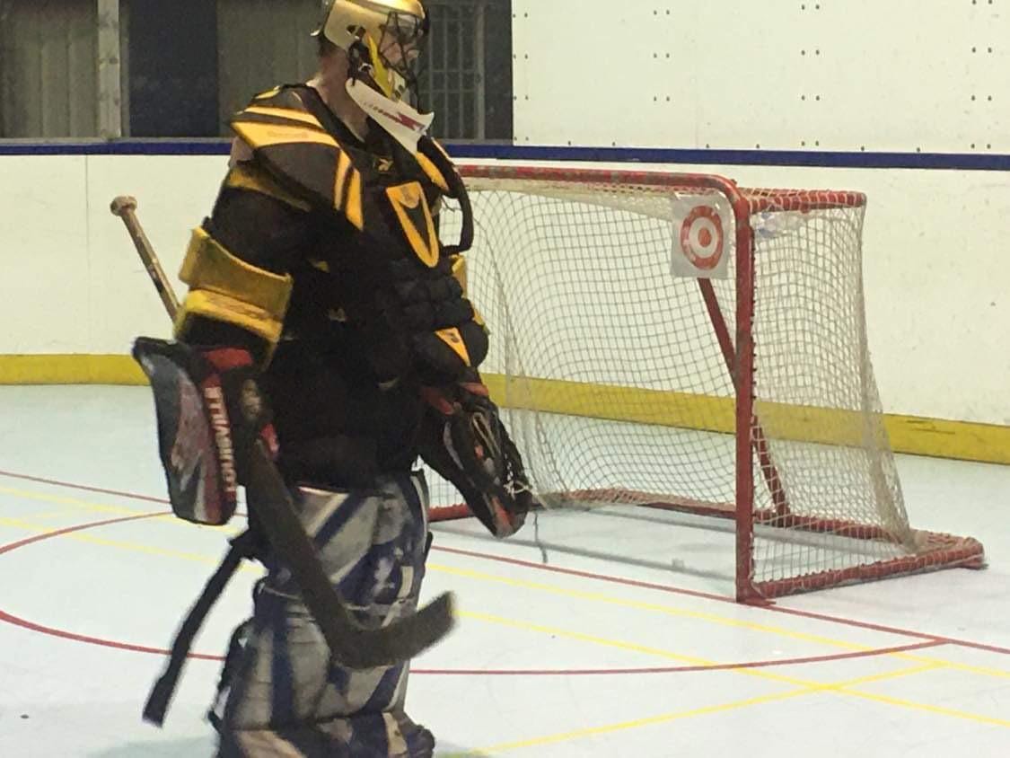 JJ Pryor playing goalie in hockey