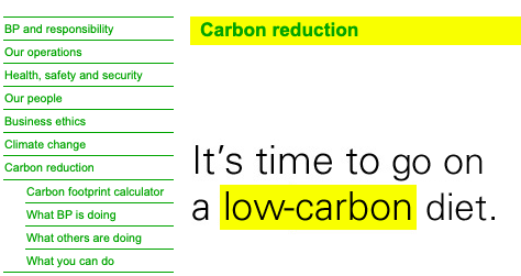 Archived webpage of BP website that says 'It's time to go on a low-carbon diet'