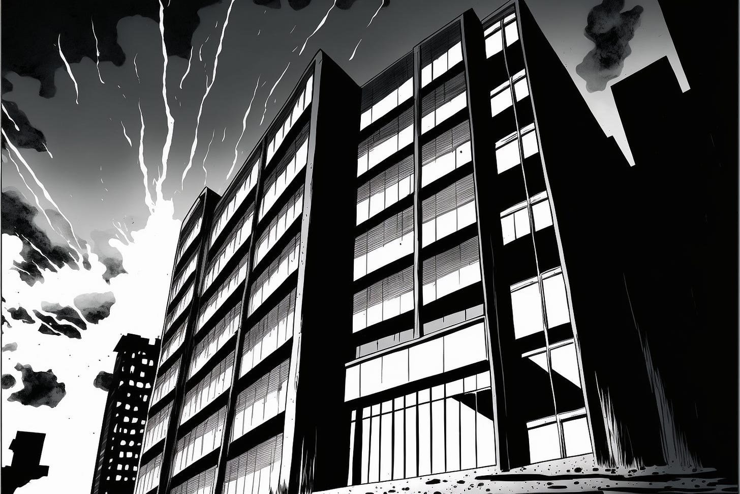 a severe office building, black and white, graphic novel