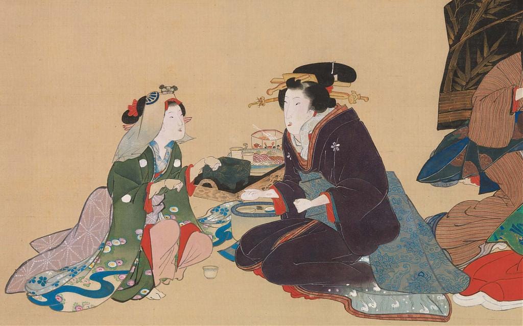 Two Women Playing Kitsuneken, Hanging Scroll, 1840
