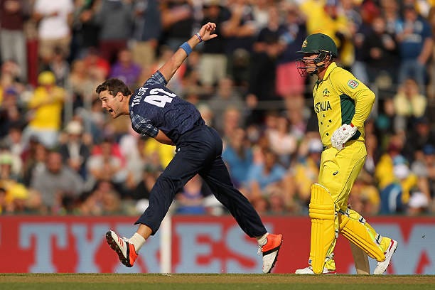 Rob Taylor of Scotland bowls during the 2015 Cricket World Cup match between Australia and Scotland at Bellerive Oval on March 14, 2015 in Hobart,...
