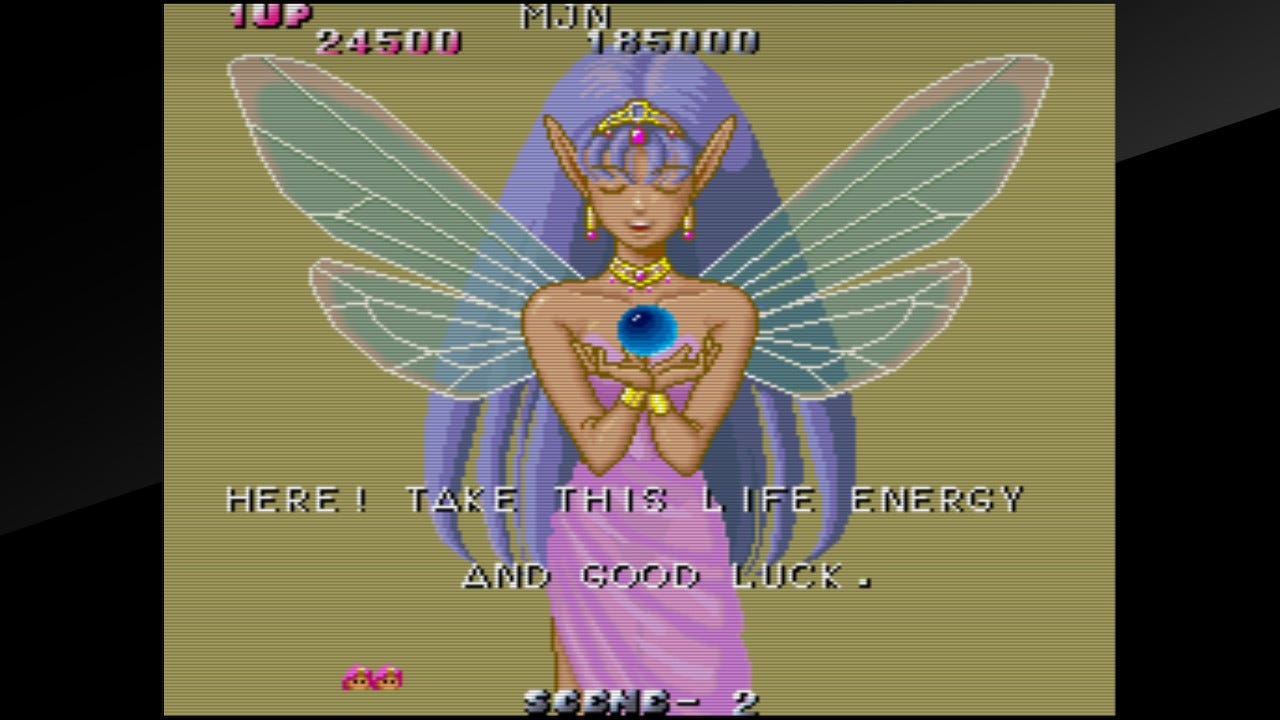 A screenshot from Rod Land featuring a large fairy giving you an extra life while saying, "Here! Take this life energy, and good luck."