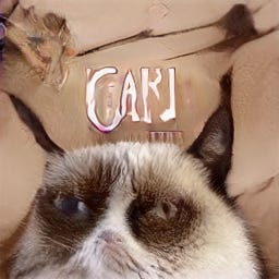 Distorted grumpy cat saying something like "Carl"