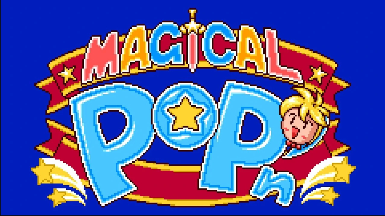 A screenshot of the game's logo from the title screen, with a sword in place of the "I" in "Magical" and a collectible star inside of the "O" in "Pop'n"