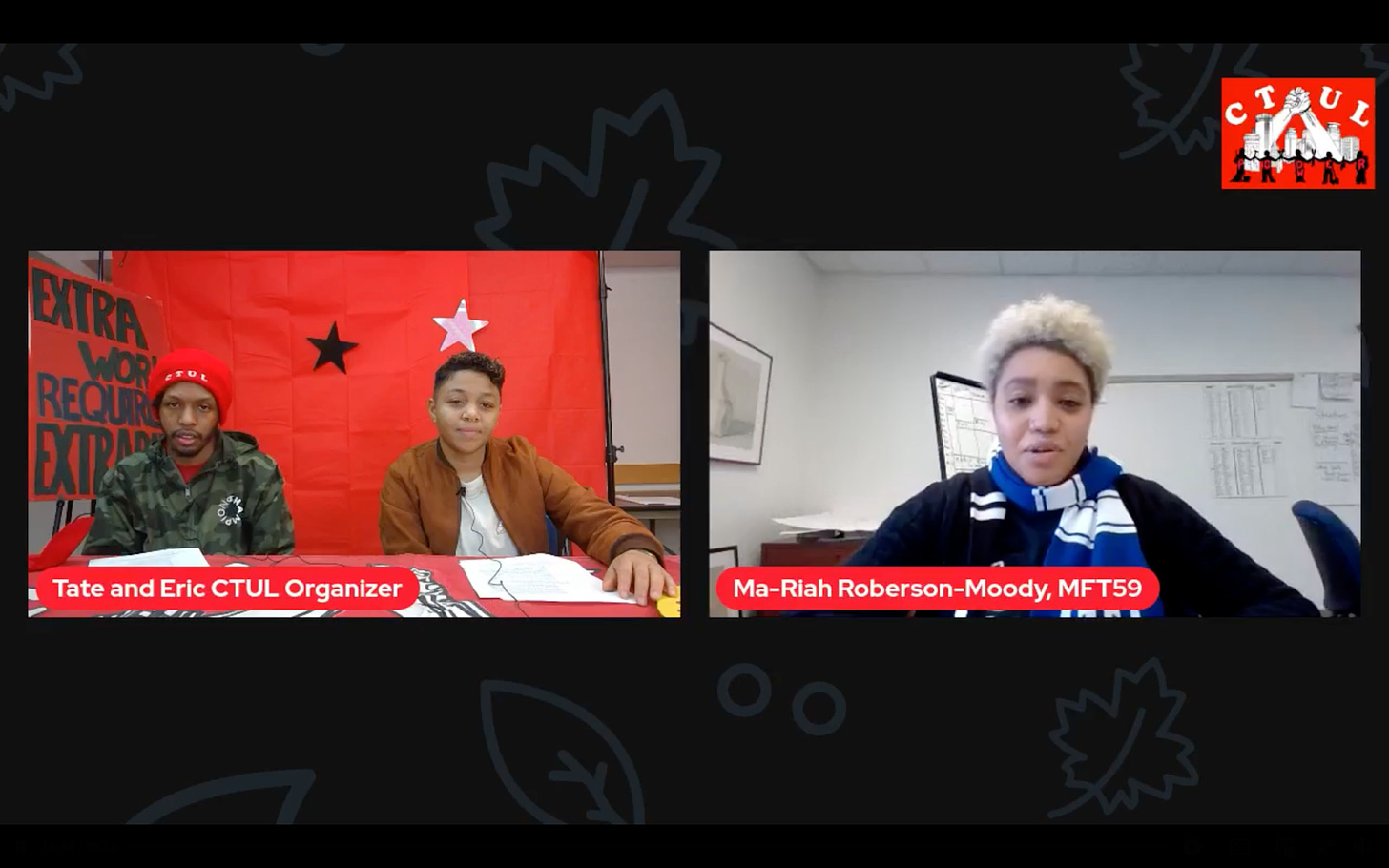 screenshot of Tate and Eric CTUL Black organizers in front of a red background next to a screen of Ma-Riah a Black ESP wearing a blue and white scarf
