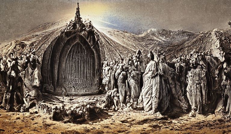 Strange stone radiant tabernacle and people