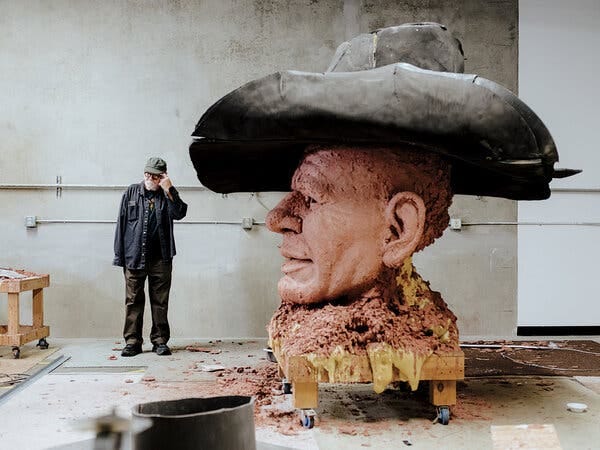 McCarthy, photographed on Jan. 4, 2021, in his Los Angeles studio with an in-progress clay bust of the actor Charles Bronson.