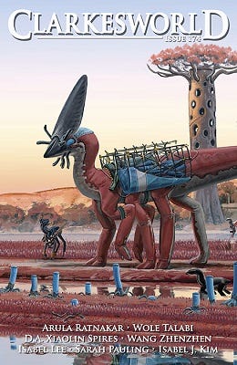 Cover of Issue 174 of Clarkesworld Magazine. The cover art is an illustration of several six-legged, dinosaur-like alien beasts of burden in a watery field. The largest one has a howdah on its back and a decorative headdress attached to its head. The field is covered in small red plants and has some blue, tubular fungi growing. In the distance stands a strange red-leafed tree with a hollow trunk full of holes, some rolling reddish hills, and a blue sky shading into a more pinkish color at the bottom like a sunrise. The cover lists the title and issue number of the magazine as well as the contributing authors: Arula Ratnakar, Wole Talabi, D.A. Xiaolin Spires, Wang Zhenzhen, Isabel Lee, Sarah Pauling, and Isabel J. Kim.