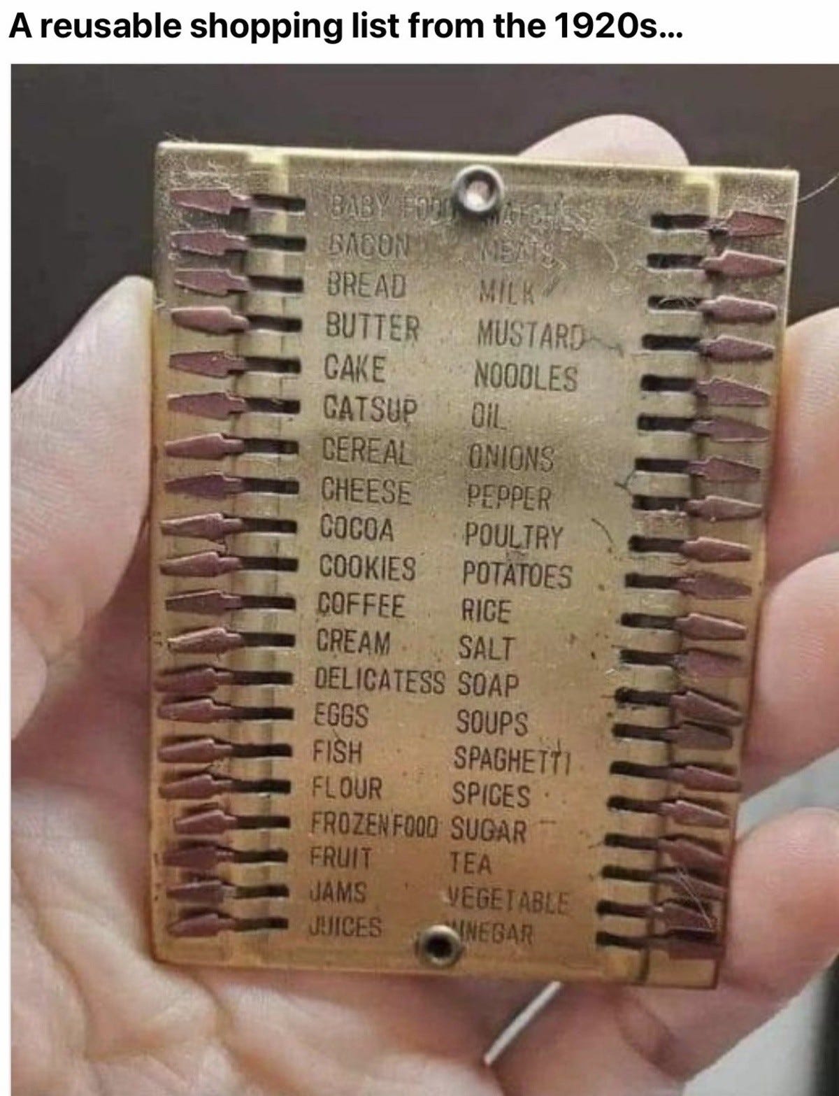 Metal block with switches on a grocery list