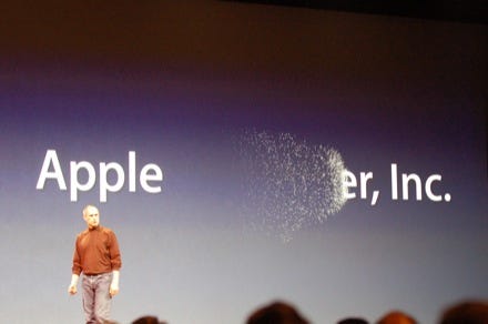 Steve Jobs announces Apple, Inc. from the keynote stage