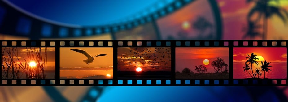 Banner image showing a film strip consisting of five cells with various nature scenes, each containing sunsets.