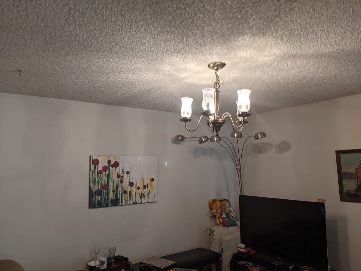 A photo of a living room, angled up to see much of the ceiling and none of the floor. There is a painting of some roses on one wall. Against the other, a large flatscreen TV. In the corner, two teddy bears dressed as wrestlers. Above them, a lamp with five bulbs, and above that, a hanging lamp with five more, which is foregrounded and nearly centered in the frame.