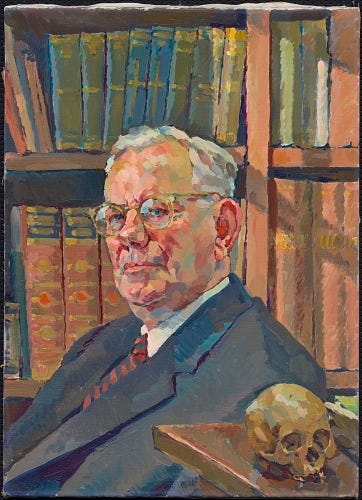 A painted portrait of Paul Tillich in his later years. A silver-haired white man with a widow's peak, Tillich is seated before a bookcase. Curiously, a skull, perched on a mantle, rests in the foreground.