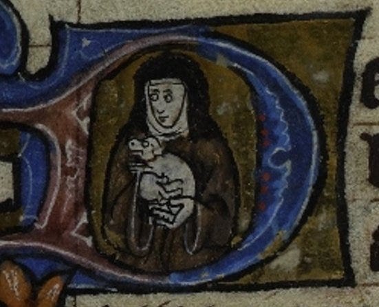 Kathleen Walker-Meikle on Twitter: "A nun clutches her lapdog in an initial  D in an early 14th c. book of Hours (British Library Stowe 17 f. 100r).  Medieval nuns were always getting
