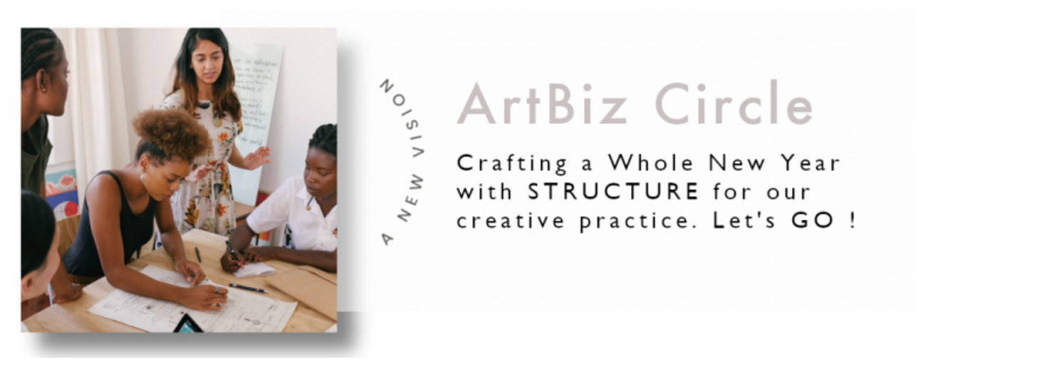 A digital flyer for ArtBiz Circle. It reads, “A new vision. Crafting a Whole New Year with STRUCTURE for our creative practice. Let’s GO!” in black text against a white background. There is an image of a Black woman with auburn curly hair pulled above her head and wearing a navy tank top sitting at a table drawing on a piece of paper. Two other Black folx frame the image on the left and right side. They are looking away and down respectively. Another light skinned woman with long dyed hair and wearing a sun dress standing between the Black woman at the table and the Black person sitting on the right. They all look like they are in a classroom.