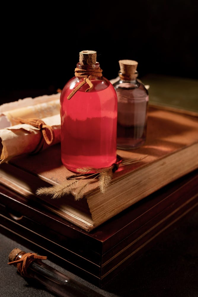 A large red potion, and smaller murky potion, sit beside some rolled up scrolls, atop a brown book.