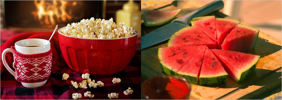 An image of a bowl of popcorn and a mug of hot chocolate next to a plate of watermelon slices.
